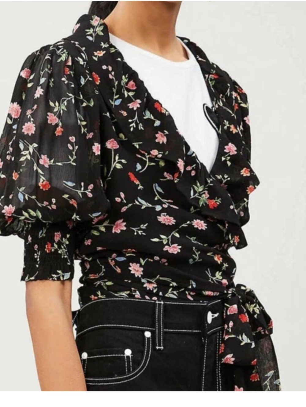 Ganni Black Floral Wrap Top & Mini Skirt Set with Pink and Green Blooms